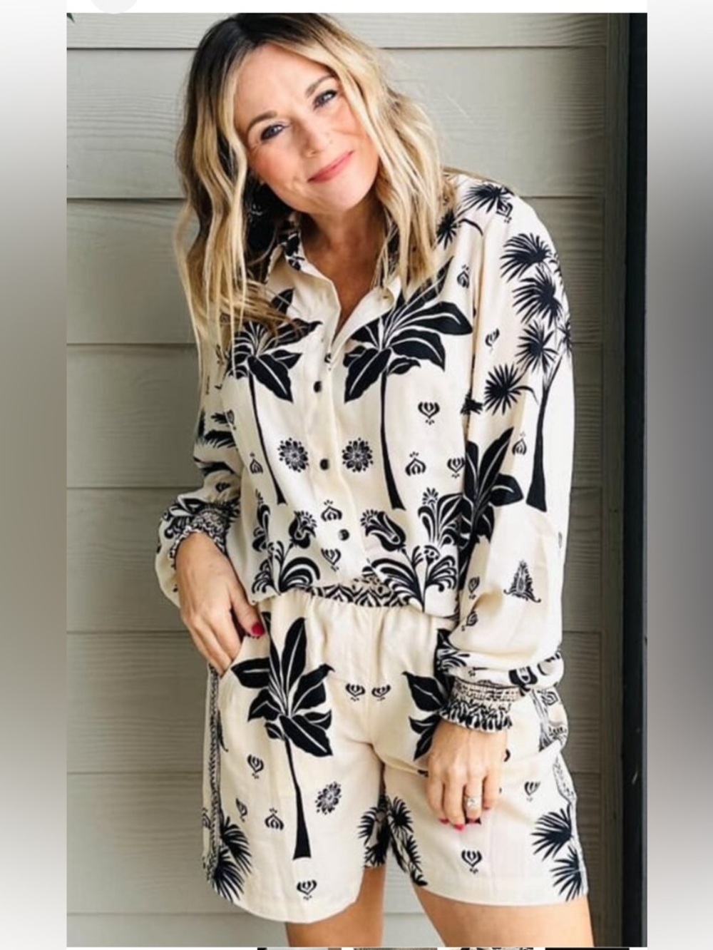 CAbi/set Cream and Black Botanical Print Top